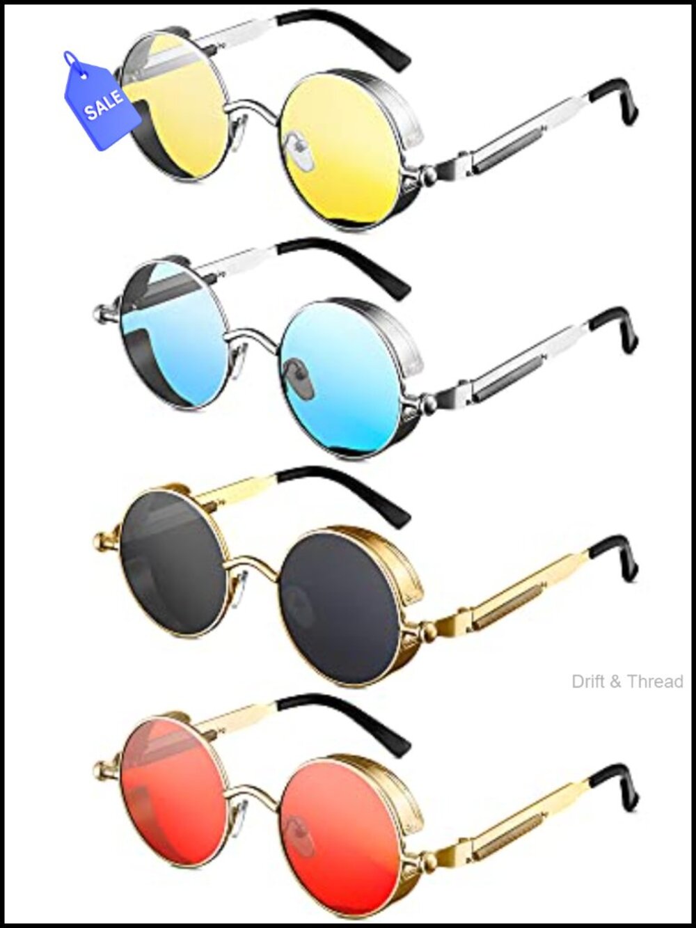 4 Pack Retro Round Steampunk Sunglasses Metal Frame PC Lens Unisex